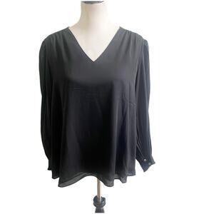Magaschoni Woman Black Career Blouse Size 1X Pleated Long Sleeve V-Neck